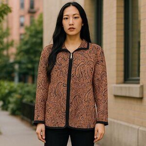 Misook Womens Large Pink Black Paisley Knit Zip Cardigan Sweater Preppy Office